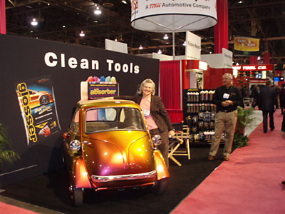 cleantools Jan Durham at the Clean Tools booth in Las Vegas NV with her BMW Isetta